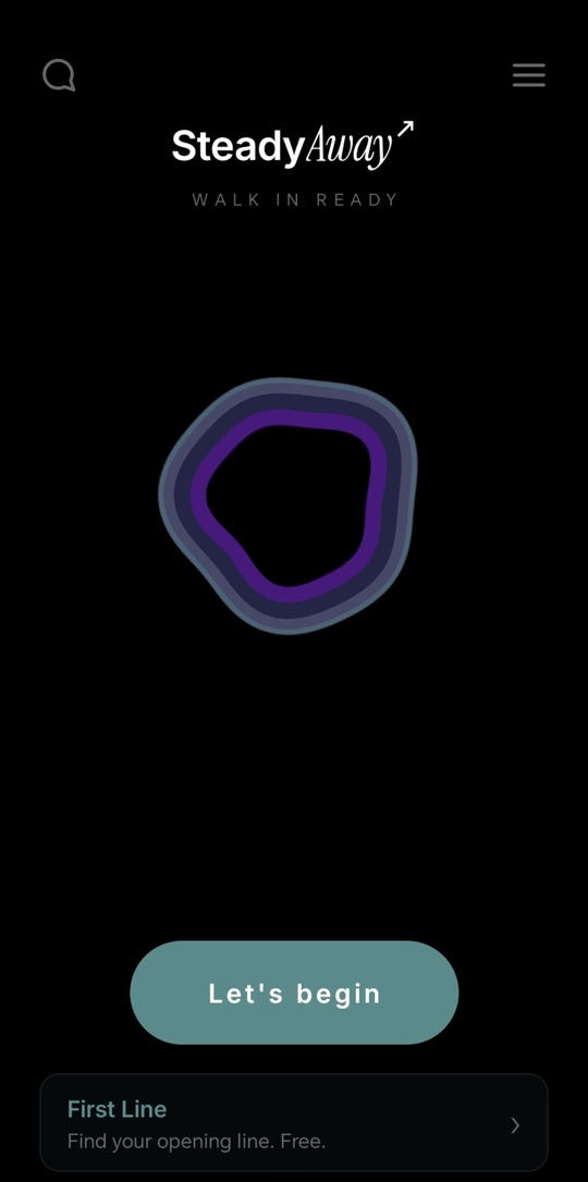 The Steady Away main screen: the ring, Walk in ready, a Let's begin button and First Line